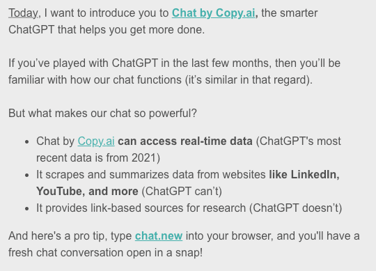 Copy.ai Email Screenshot with comparisons to ChatGPT