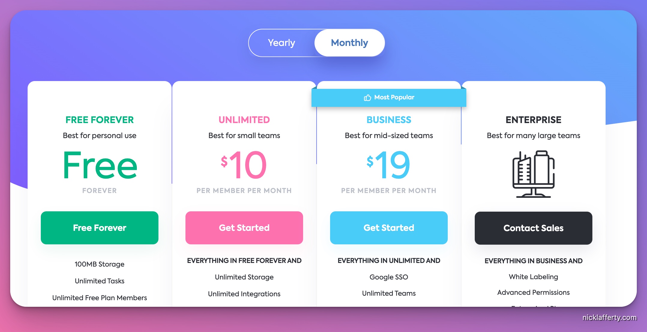 Clickup pricing screenshot