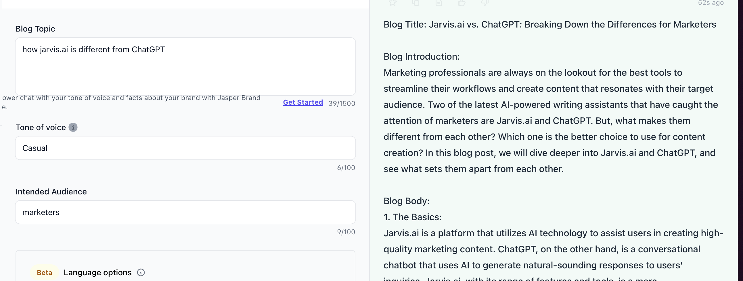 Jasper blog content about Jasper vs ChatGPT