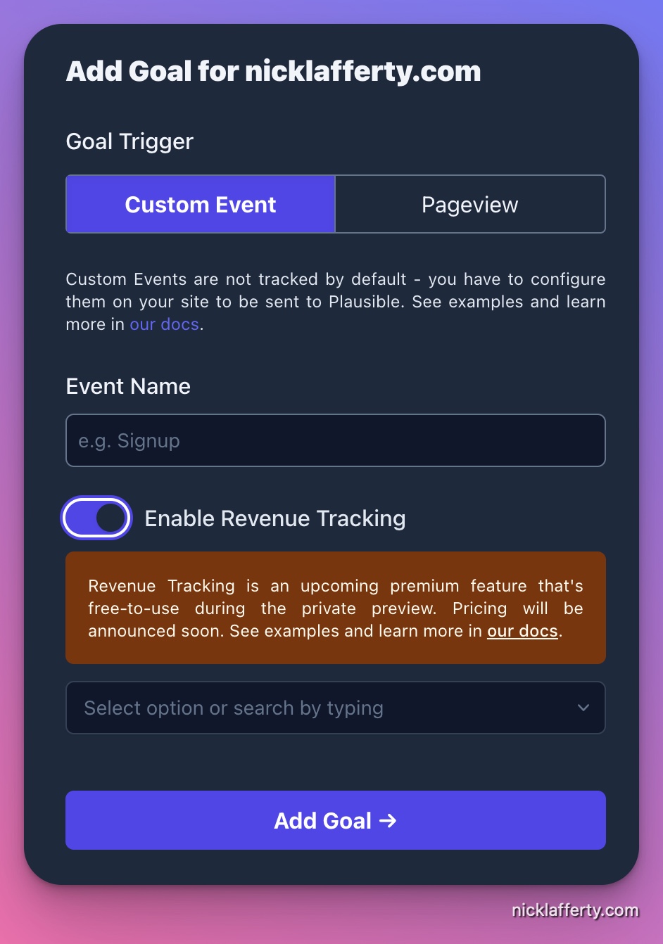 Plausible Revenue tracking screenshot