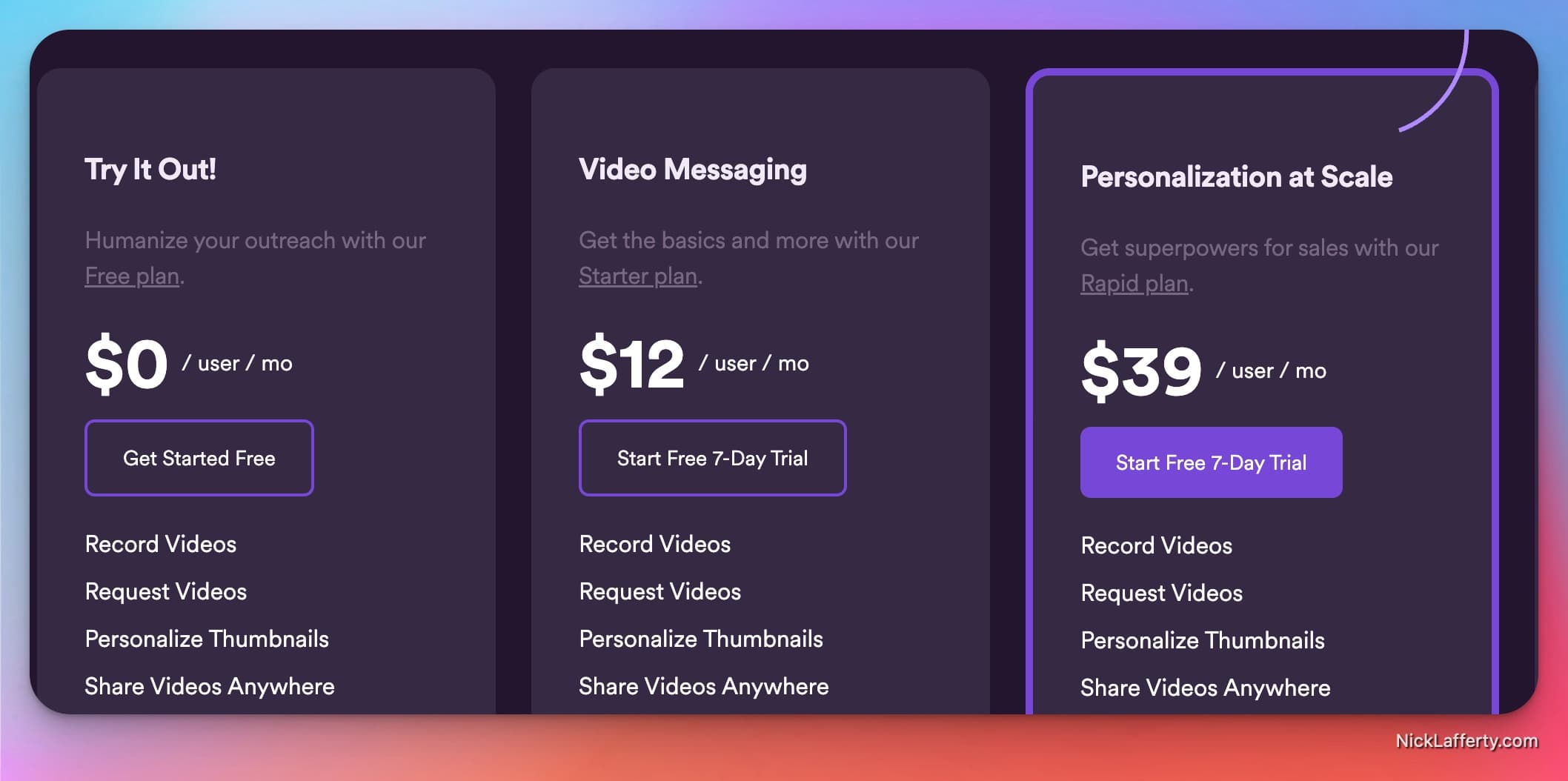 Sendspark pricing screenshot
