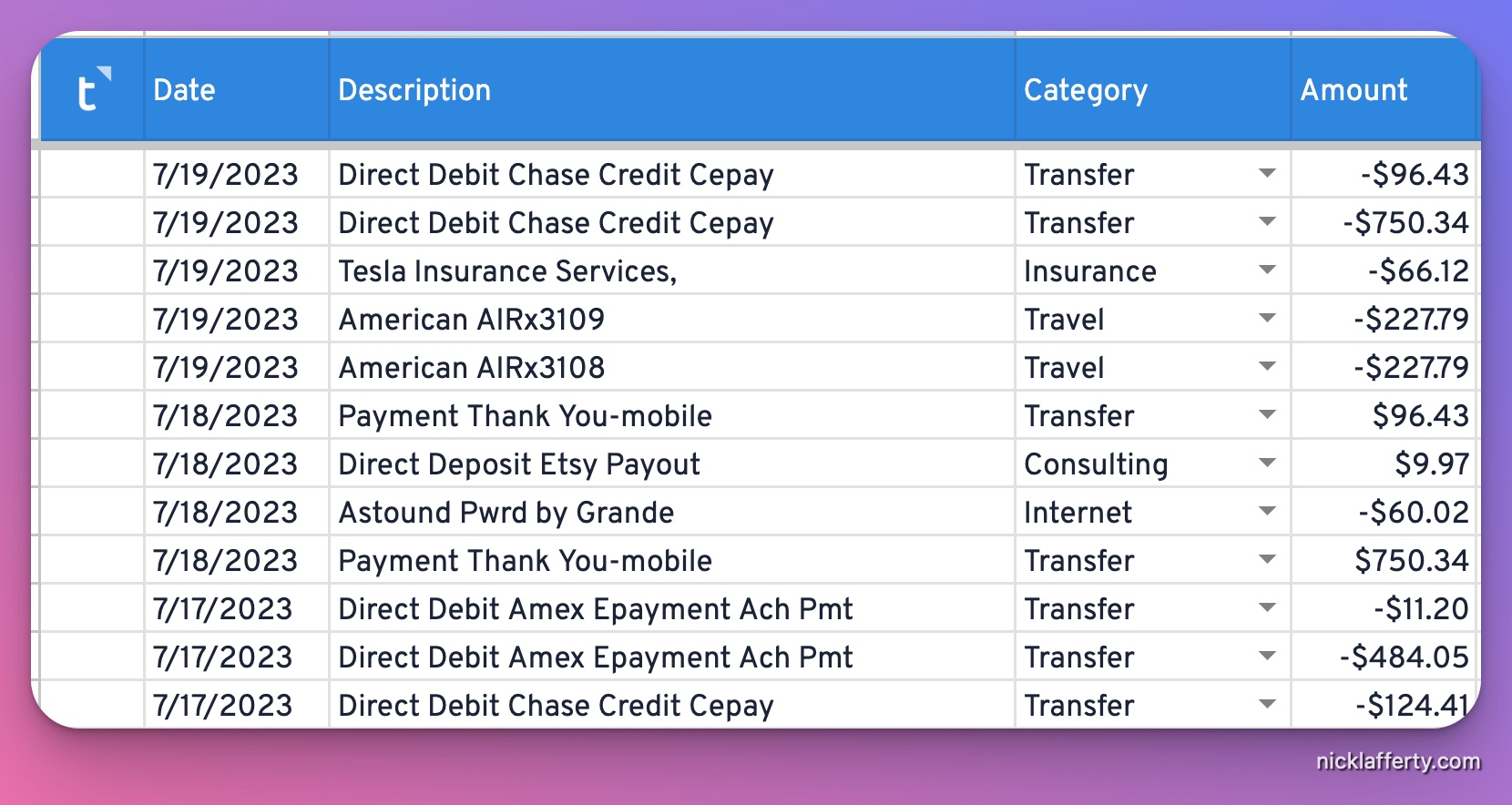 Tiller Transactions Tab
